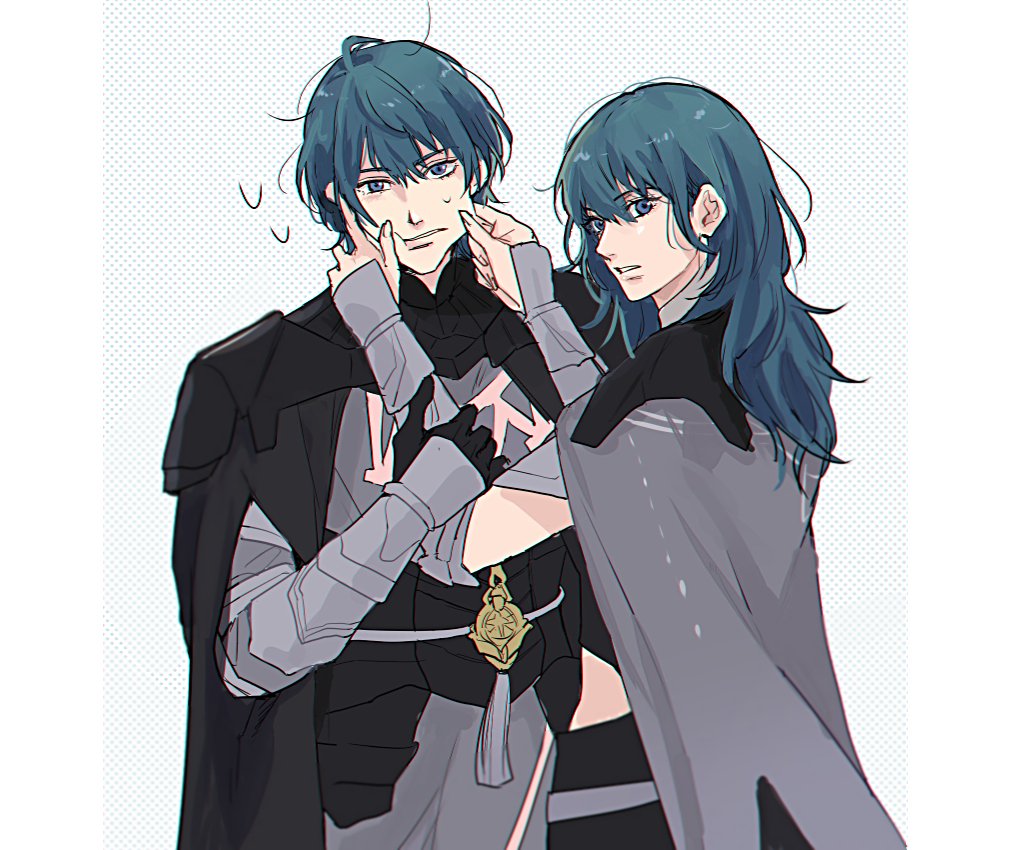 1boy, 1girl, armor, black_gloves, blue_eyes, blue_hair, byleth_(fire_emblem), byleth_eisner_(female)