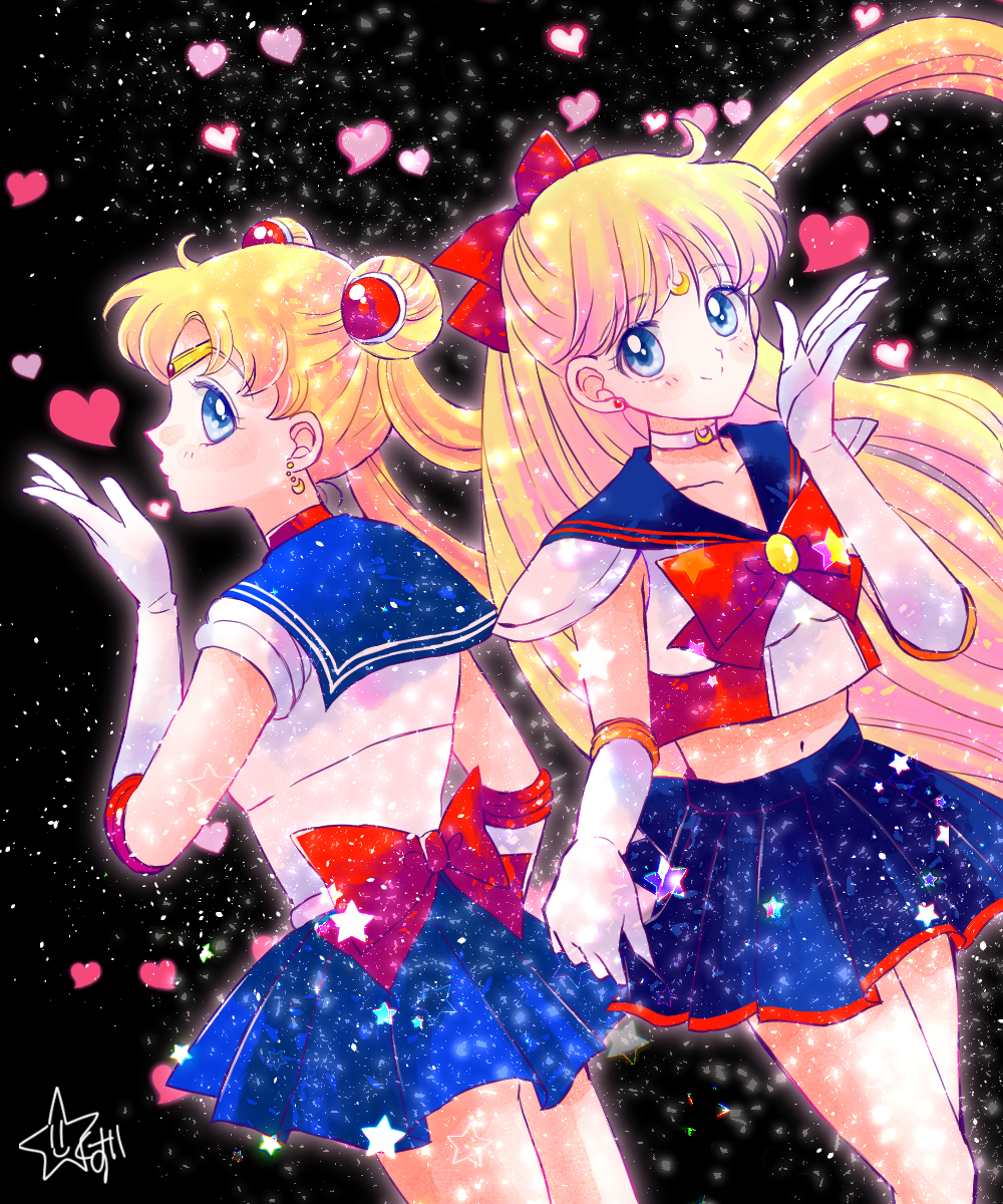 2girls, aino_minako, back_bow, bangs, bishoujo_senshi_sailor_moon, black_background, blonde_hair, blown_kiss, blue_eyes, blue_sailor_collar, blue_skirt, bow, bowtie, choker, closed_mouth, collarbone, cosplay, cowboy_shot, crescent, crescent_earrings, crop_top, double_bun, earrings, elbow_gloves, eyebrows_visible_through_hair, floating_hair, gloves, hair_bow, hair_ornament, heart, highres, hoshikuzu_(milkyway792), jewelry, long_hair, midriff, miniskirt, multiple_girls, navel, pleated_skirt, profile, red_bow, red_neckwear, sailor_collar, sailor_moon, sailor_moon_(cosplay), sailor_senshi_uniform, skirt, smile, standing, stomach, twintails, very_long_hair, white_choker, white_gloves