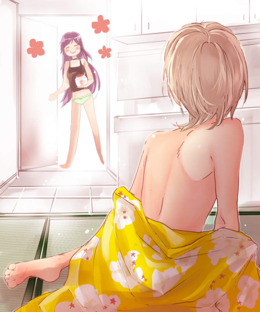 2girls, :d, barefoot, black_choker, black_tank_top, blush, choker, closed_eyes