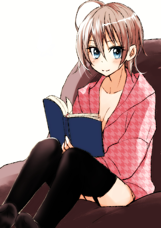 1girl, ahoge, bangs, black_legwear, blue_eyes, blush, book, breasts