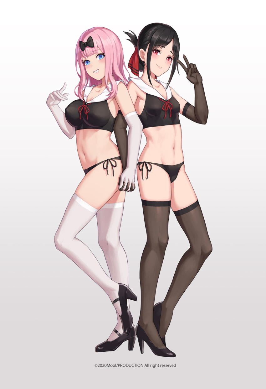2girls, bangs, bikini, black_bow, black_footwear, black_gloves, black_hair, blue_eyes