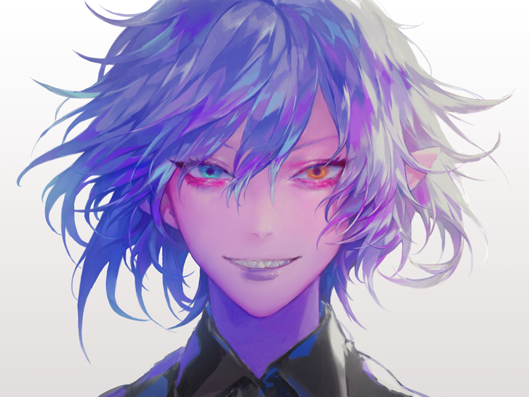 androgynous, blue_eyes, blue_hair, hair_between_eyes, heterochromia, looking_at_viewer, ohayosayonara, orange_eyes
