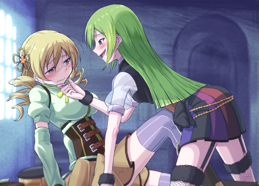 2girls, alina_gray, blonde_hair, blue_eyes, blush, eye_contact, garter_straps, green_hair