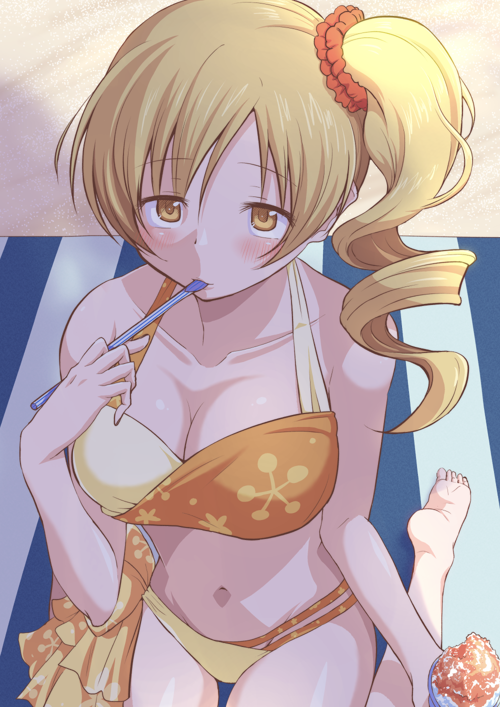 1girl, barefoot, bikini, blonde_hair, blush, breasts, drill_hair, highres, large_breasts, mahou_shoujo_madoka_magica, side_drill, sitting, solo, swimsuit, tomoe_mami, touyu_(yuruyuruto), twin_drills, wariza