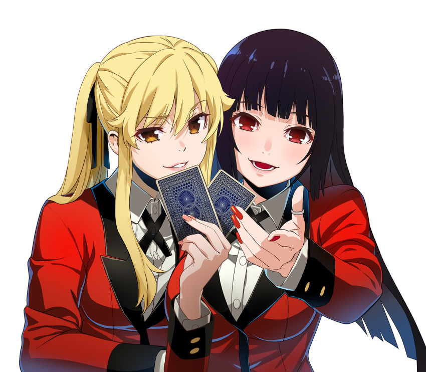 2girls, black_hair, blonde_hair, brown_eyes, card, commentary, eyebrows_visible_through_hair, fingernails