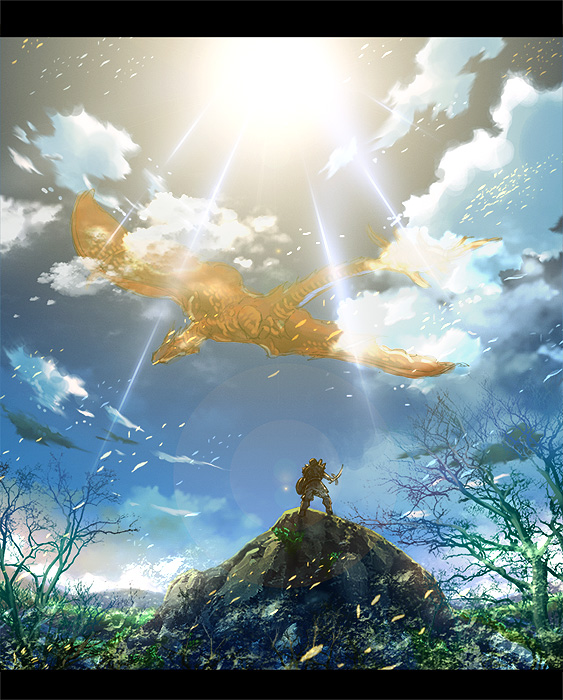 clouds, dragon, keiji_asakawa, landscape, lens_flare, light, monster_hunter, panorama
