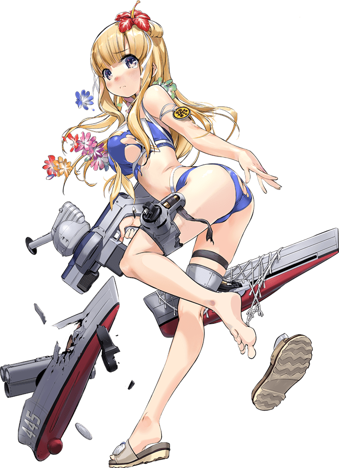 1girl, ass, barefoot, bikini, blonde_hair, blue_bikini, blue_eyes, breasts, cargo_net, double_bun, fletcher_(kantai_collection), flower, hair_flower, hair_ornament, kantai_collection, large_breasts, long_hair, looking_at_viewer, machinery, official_art, sandals, swimsuit, torn_clothes, transparent_background, turret, zeco