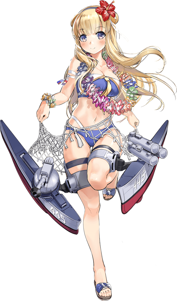 1girl, bikini, blonde_hair, blue_bikini, blue_eyes, breasts, cargo_net, double_bun, fletcher_(kantai_collection), flower, hair_flower, hair_ornament, kantai_collection, large_breasts, long_hair, machinery, official_art, sandals, swimsuit, transparent_background, turret, zeco