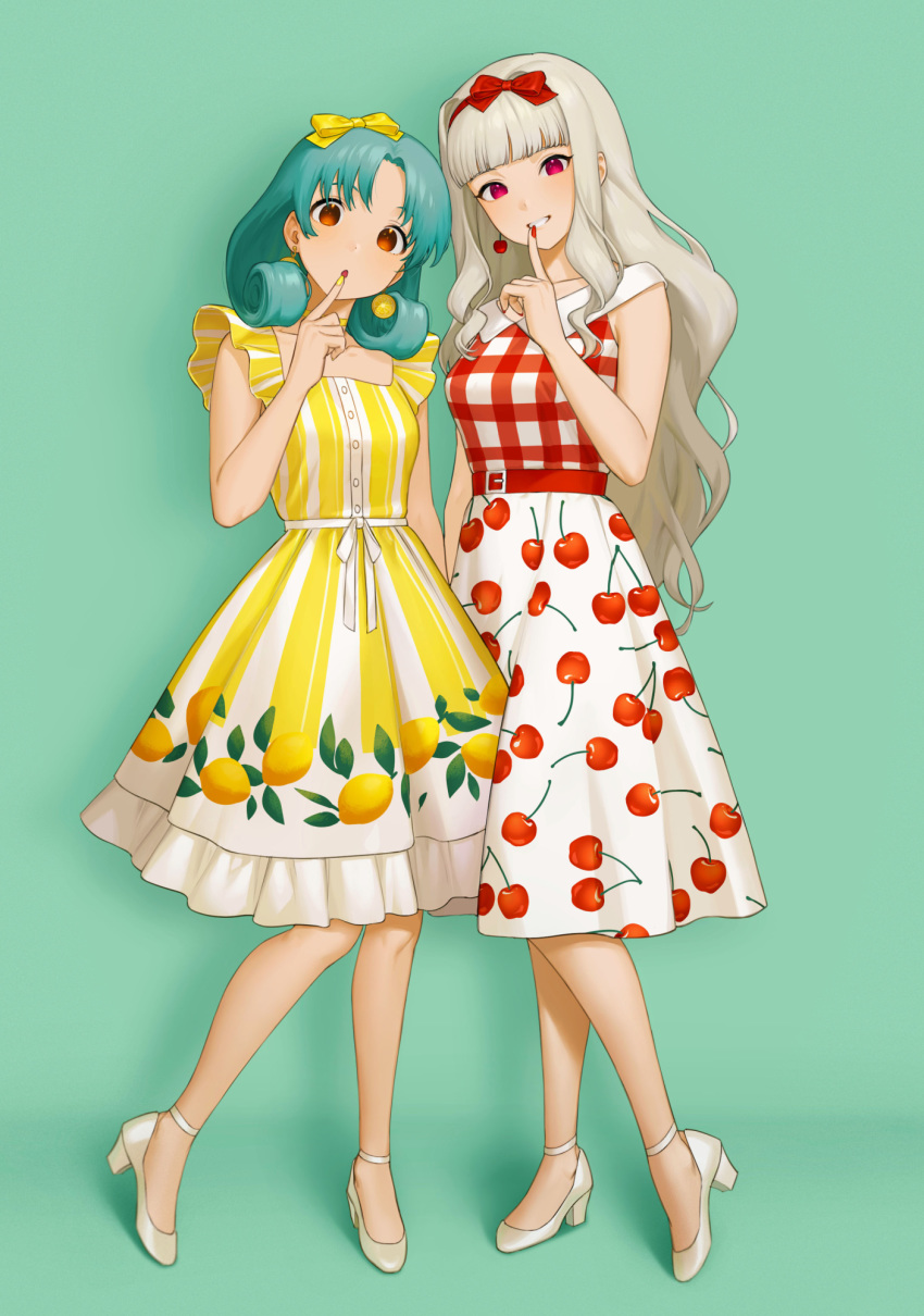 2girls, :o, aqua_hair, arm_at_side, bangs, bare_arms, belt, bow, bow_hairband, breasts, brown_eyes, buttons, cherry_earrings, cherry_print, choker, collarbone, commentary_request, curly_hair, dress, earrings, finger_to_mouth, fingernails, food_print, food_themed_earrings, frilled_dress, frilled_sleeves, frills, full_body, green_background, hair_bow, hairband, hand_up, head_tilt, high_heels, highres, idolmaster, idolmaster_(classic), idolmaster_million_live!, index_finger_raised, jewelry, lemon_earrings, lemon_print, long_hair, looking_at_viewer, medium_breasts, medium_hair, mimizubare, multiple_girls, nail_polish, parted_bangs, parted_lips, pink_eyes, print_dress, pumps, red_bow, red_dress, red_hairband, red_nails, shadow, shijou_takane, shoes, sidelocks, silver_hair, simple_background, sleeveless, sleeveless_dress, smile, standing, striped, striped_dress, tokugawa_matsuri, wavy_hair, white_dress, white_footwear, yellow_bow, yellow_choker, yellow_dress, yellow_nails