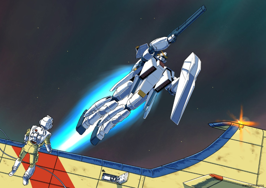 1boy, beam_rifle, blue_eyes, char's_counterattack, energy_gun, flying, gun, gundam