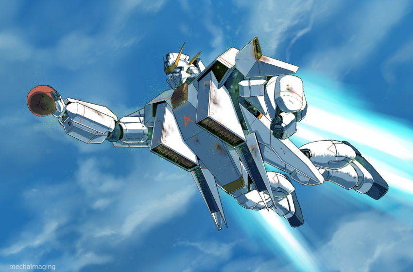 blue_eyes, char's_counterattack, clenched_hand, flying, glowing, glowing_eyes, gundam, gundam_high_streamer