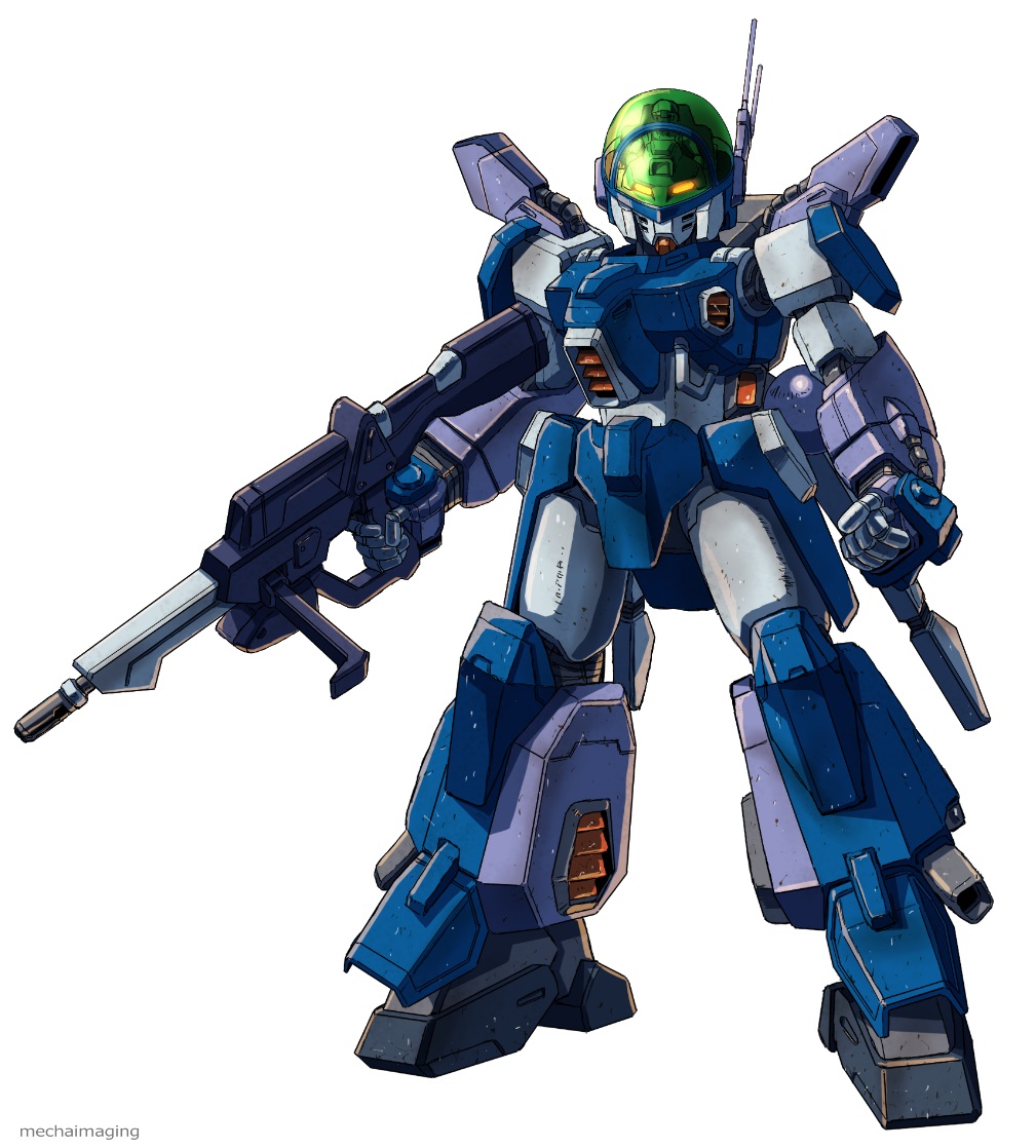 aoki_ryuusei_spt_layzner, clenched_hand, glowing, glowing_eyes, gun, holding, holding_gun, holding_weapon