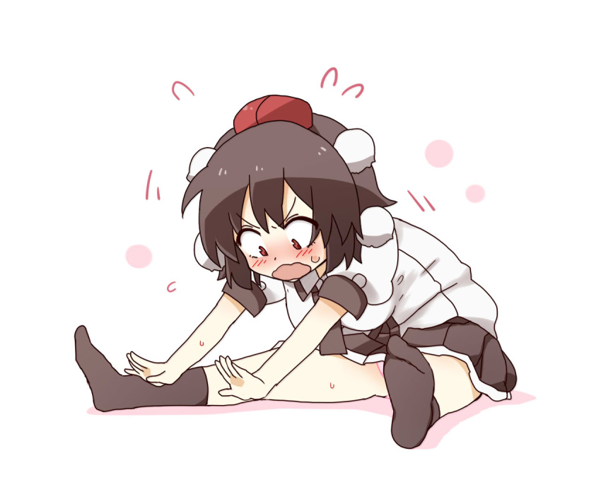 !, 1girl, bangs, black_hair, black_legwear, black_neckwear, black_skirt, blush