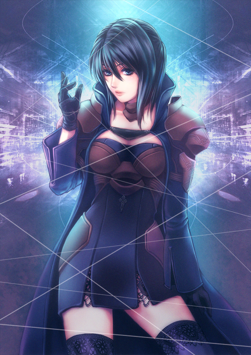 artist_request, black_hair, coat, dress, gloves, original, short_hair, tatehama, thigh-highs, thighhighs, wire