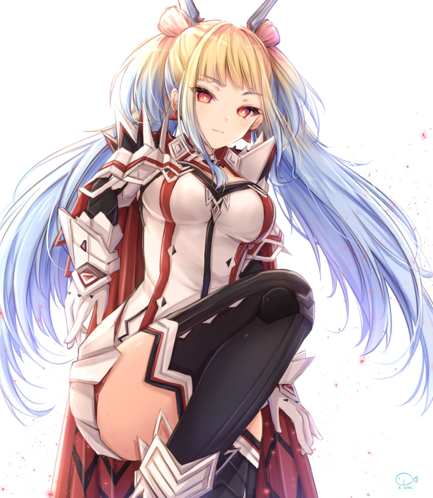 1girl, armor, bangs, black_legwear, blonde_hair, blue_hair, breasts, cape