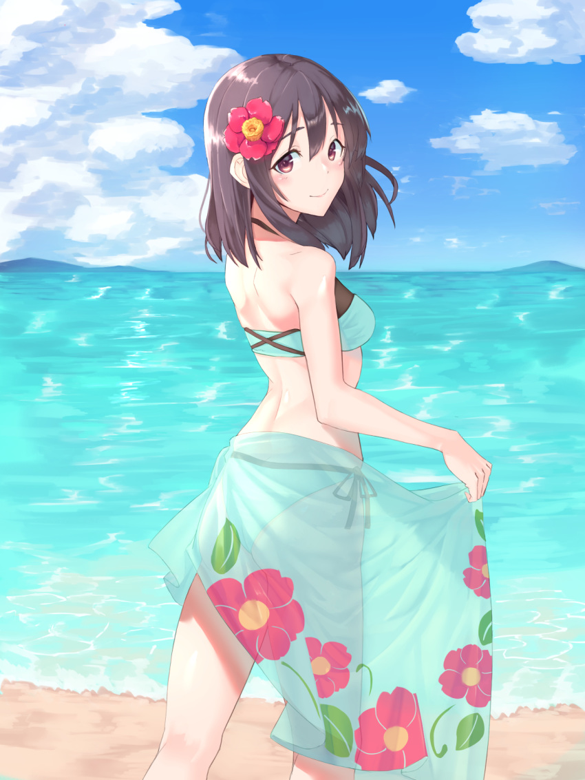 1girl, bangs, bare_shoulders, beach, bikini, black_hair, blush, breasts, brown_eyes, day, doitsuudon, flower, fujiwara_hajime, hair_between_eyes, hair_flower, hair_ornament, highres, idolmaster, idolmaster_cinderella_girls, looking_at_viewer, medium_breasts, ocean, sarong, short_hair, smile, solo, swimsuit