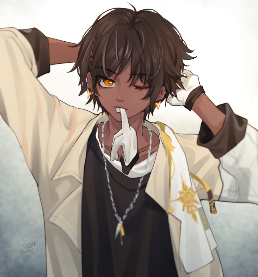 1boy, arknights, arms_up, bangs, beige_jacket, black_shirt, brown_hair, dark_skin