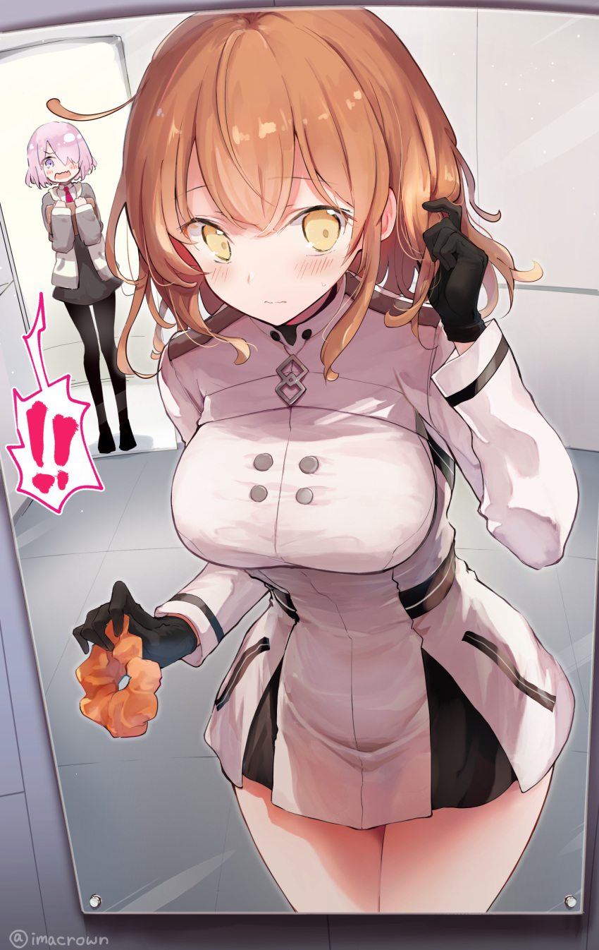!, !!, 2girls, adjusting_hair, ahoge, akizuki_maku, alternate_costume, black_dress