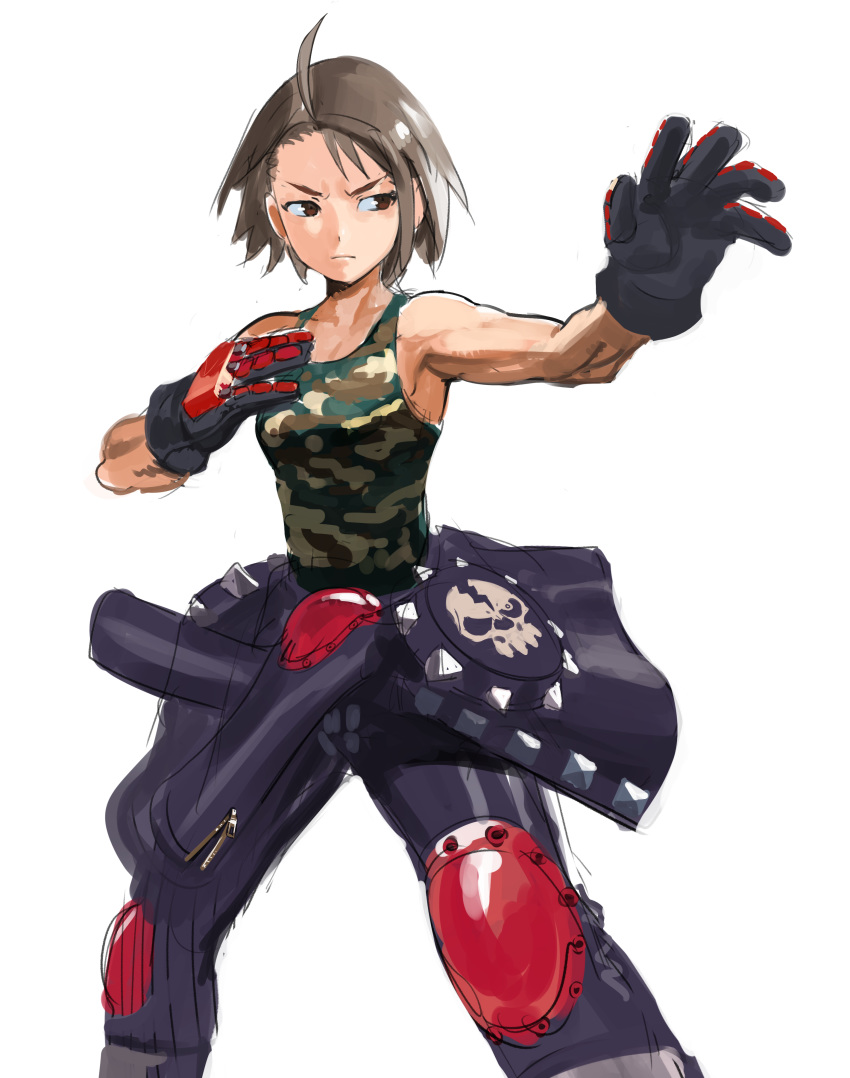 >:(, 1girl, absurdres, ahoge, armpits, black_gloves, black_pants, brown_eyes, brown_hair, camouflage, camouflage_shirt, camouflage_tank_top, clothes_around_waist, collarbone, commentary, feet_out_of_frame, fighting_stance, gloves, highres, jacket, jacket_around_waist, kazama_akira, knee_pads, legs_apart, looking_away, looking_to_the_side, outstretched_arm, pants, reaching_out, rival_schools, shin_guards, short_hair, shoulder_pads, simple_background, skull_print, sleeveless, solo, standing, studded_jacket, tank_top, toned, unknownid, v-shaped_eyebrows, white_background, zipper, zipper_pull_tab