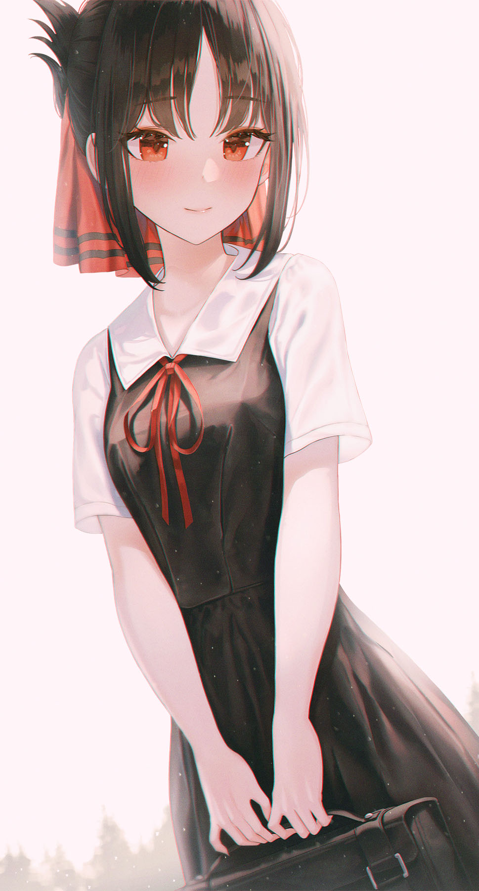 bag, bangs, black_dress, black_hair, breasts, collared_dress, commentary, dress