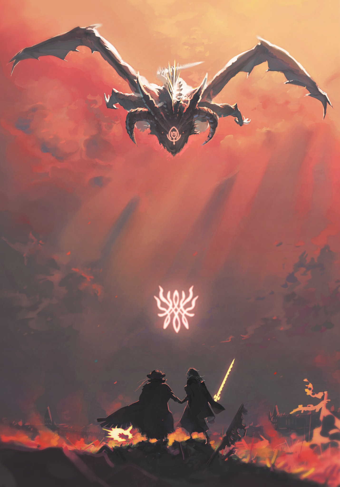 2girls, axe, aymr_(weapon), byleth_(fire_emblem), byleth_eisner_(female), cape, crest, dark_sky
