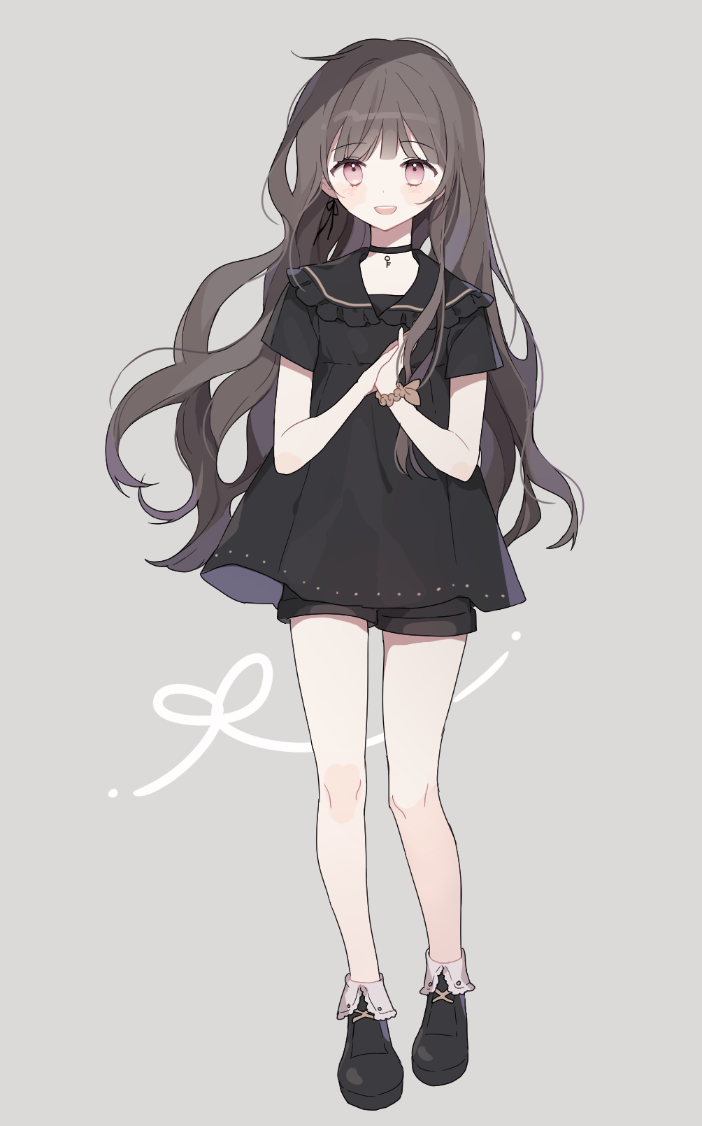 1girl, :d, bangs, black_dress, black_footwear, black_hair, black_sailor_collar, black_shorts