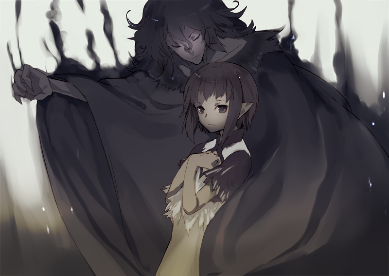 2girls, black_hair, closed_mouth, dress, ico, long_hair, looking_at_viewer, multiple_girls, pale_skin, pointy_ears, shiromiso, short_hair, silver_hair, the_queen_(ico), yorda