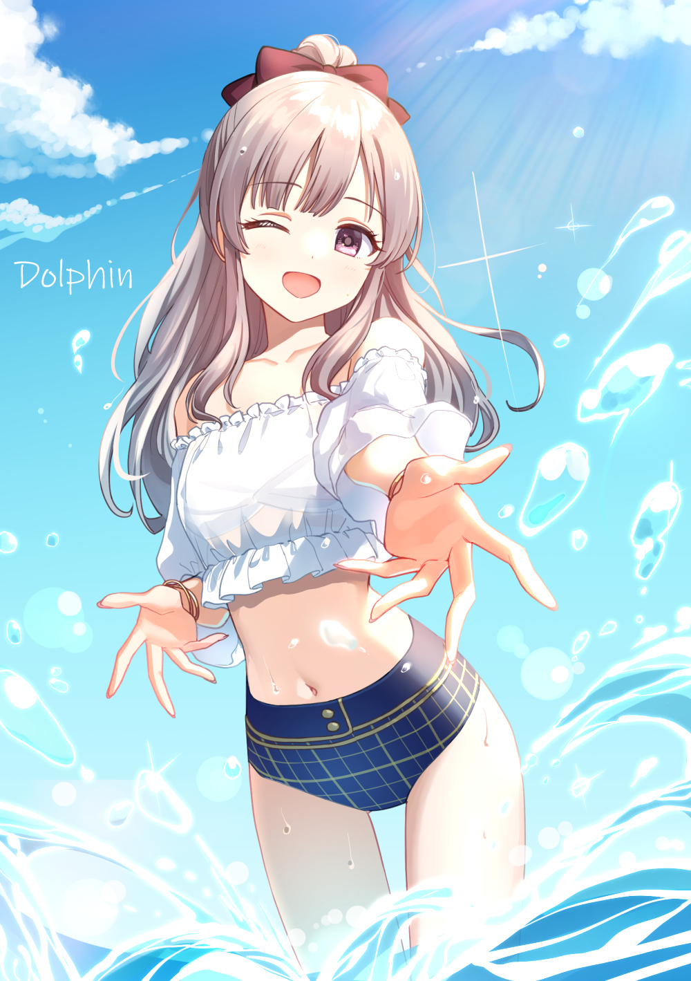 1girl, bangs, bare_legs, bare_shoulders, bikini, black_bikini, blue_sky, blunt_bangs, blush, bow, bracelet, breasts, clouds, collarbone, deadnooodles, grey_hair, hair_bow, high_ponytail, highres, idolmaster, idolmaster_shiny_colors, jewelry, long_hair, navel, ocean, off-shoulder_shirt, off_shoulder, one_eye_closed, open_mouth, outdoors, outstretched_hand, plaid_bikini_bottom, red_bow, see-through, see-through_sleeves, shirt, short_sleeves, sky, small_breasts, smile, solo, splashing, strapless, strapless_bikini, sunlight, swimsuit, violet_eyes, water, yuukoku_kiriko