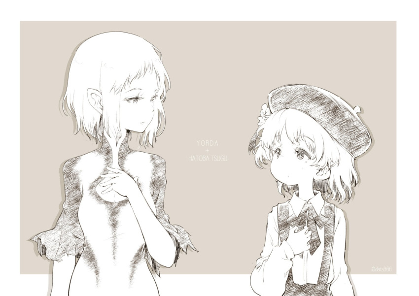 2girls, beret, breasts, closed_mouth, data_(remmings_nest), dress, hat, hatoba_tsugu