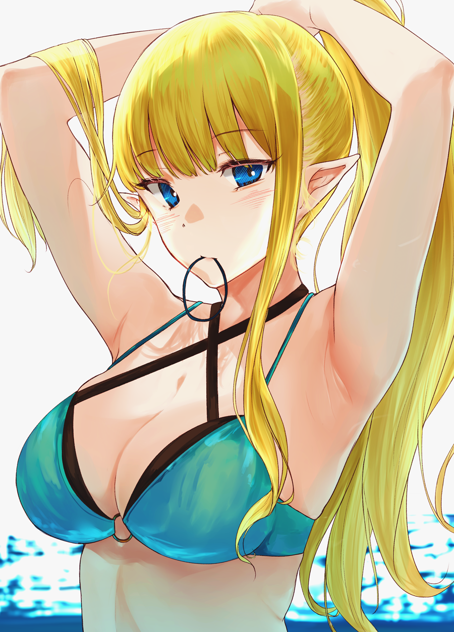 1girl, adjusting_hair, armpits, bangs, bigappletart, bikini, blonde_hair, blue_eyes