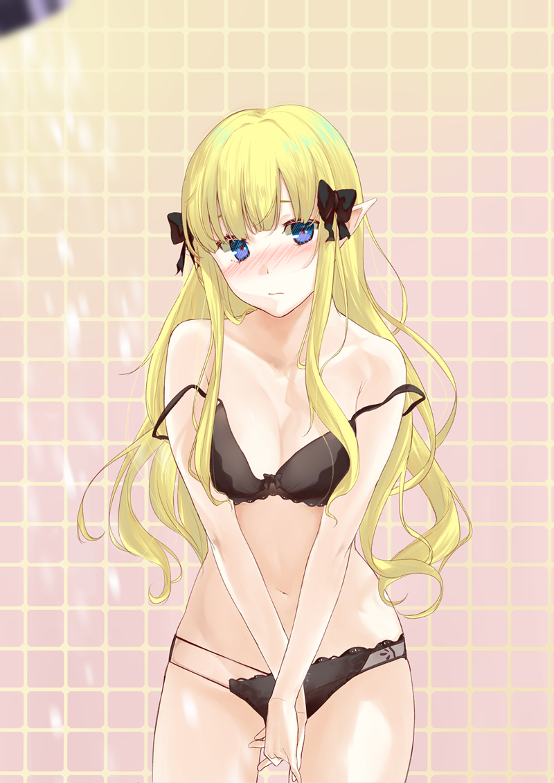 1girl, bangs, bigappletart, black_bow, blonde_hair, blue_eyes, blush, bow