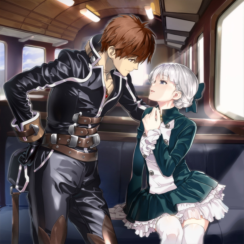1boy, 1girl, alice_elliot, brown_hair, closed_mouth, dress, gloves, nyoro_(nyoronyoro000)