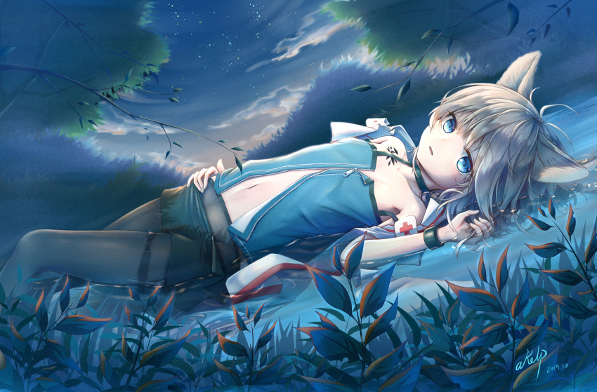 1girl, 2019, absurdres, akelp, animal_ears, arknights, artist_name, bare_shoulders