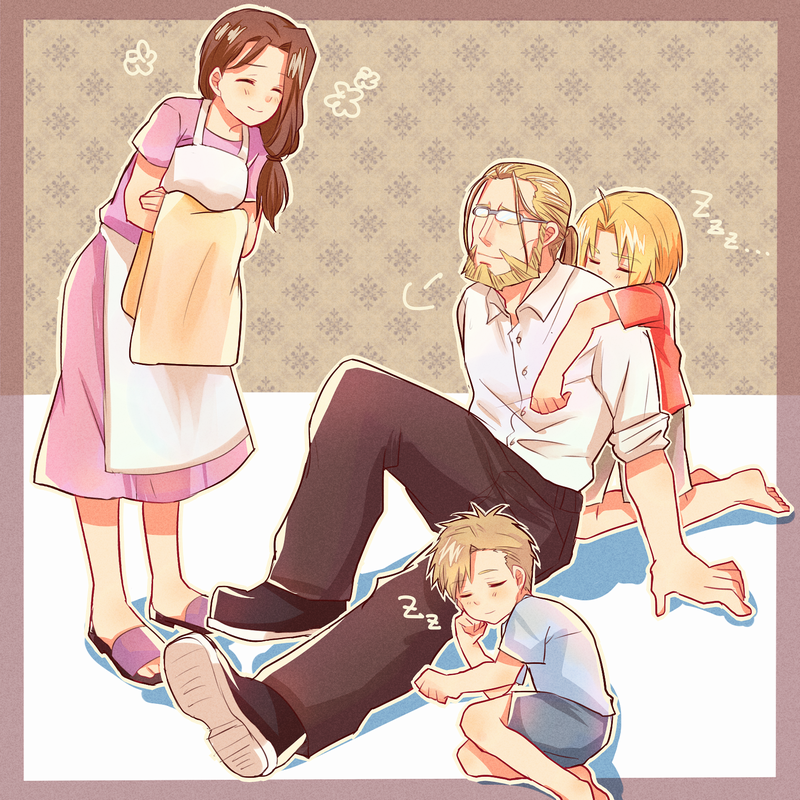 1girl, 3boys, =3, ^_^, alphonse_elric, apron, argyle, argyle_background, arm_support, barefoot, beard, beige_outline, black_footwear, blanket, blonde_hair, blue_shirt, border, breasts, brothers, brown_background, brown_border, brown_hair, brown_pants, buttons, clenched_hands, closed_eyes, closed_mouth, collared_shirt, couple, crossed_arms, dress, dress_shirt, edward_elric, eyebrows_visible_through_hair, facial_hair, family, father_and_son, flower, full_body, fullmetal_alchemist, furrowed_eyebrows, glasses, grey-framed_eyewear, happy, hetero, holding, holding_blanket, leaning, leaning_forward, light_smile, looking_at_another, looking_up, low_ponytail, medium_breasts, mother_and_son, multiple_boys, on_ground, outline, outside_border, pants, ponytail, purple_dress, red_shirt, sandals, shadow, shirt, shoes, shorts, siblings, side_ponytail, sitting, sleeping, sleeping_on_person, standing, trisha_elric, tsugu_ra, u_u, van_hohenheim, white_apron, white_shirt, zzz