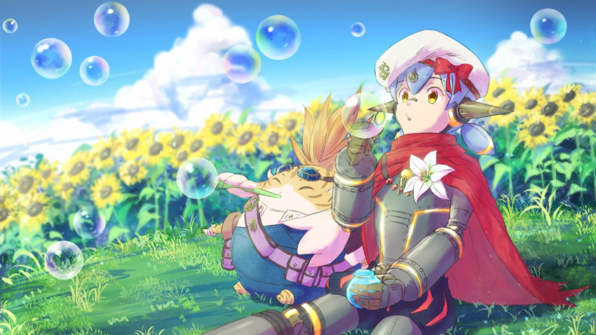 android, blue_sky, bubble, bubble_blowing, cape, clouds, day, flower, goggles, goggles_on_head, hana_js, hat, joints, meadow, nopon, outdoors, purple_hair, red_cape, robot_joints, short_hair, sitting, sky, sunflower, tora_(xenoblade), twintails, white_flower, xenoblade_(series), xenoblade_2, yellow_eyes, yumiyoiyoi