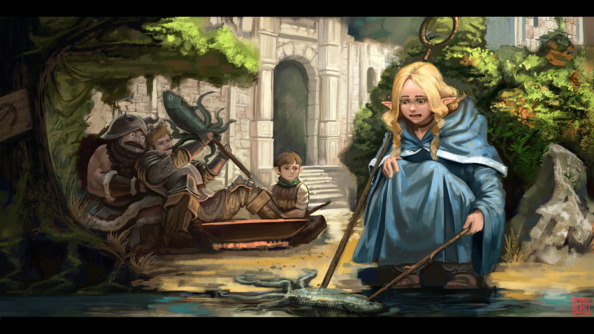 1girl, 3boys, armor, beard, black_choker, black_hair, blonde_hair, blue_cape