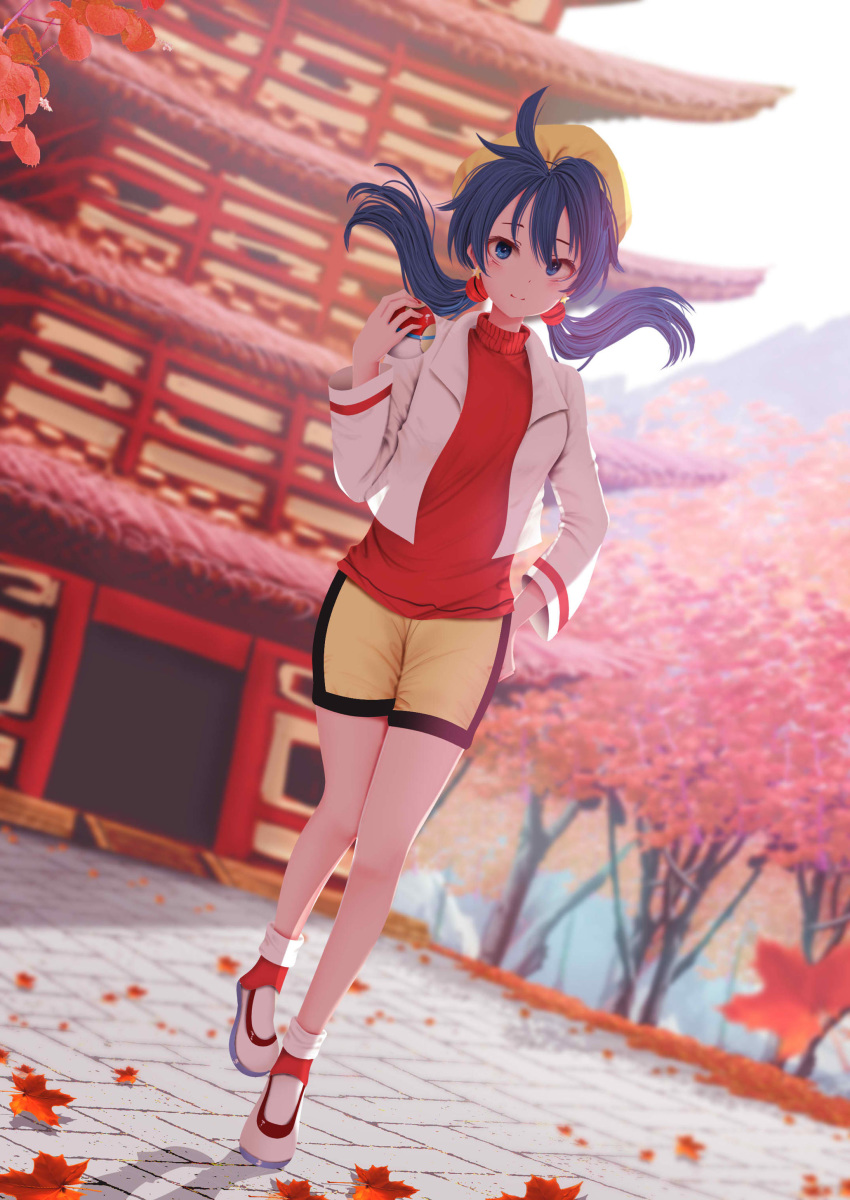 1girl, absurdres, autumn_leaves, bike_shorts, blue_eyes, blue_hair, blurry, blurry_background