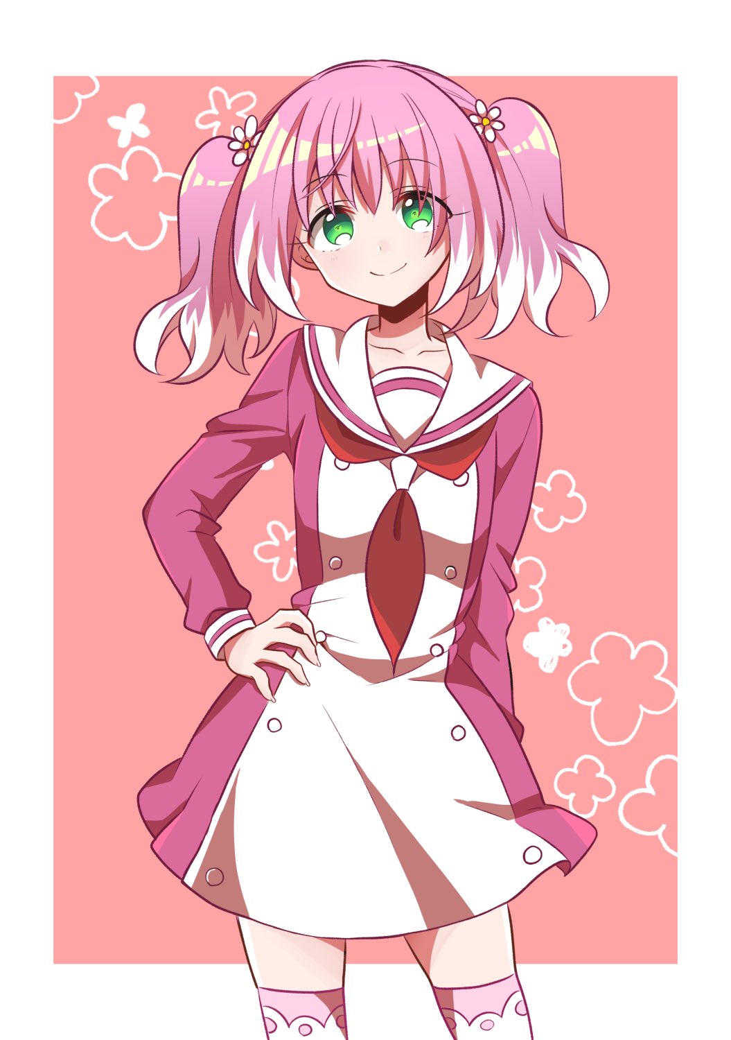 1girl, alternate_eye_color, border, colored_tips, dress, flower, green_eyes, hair_flower