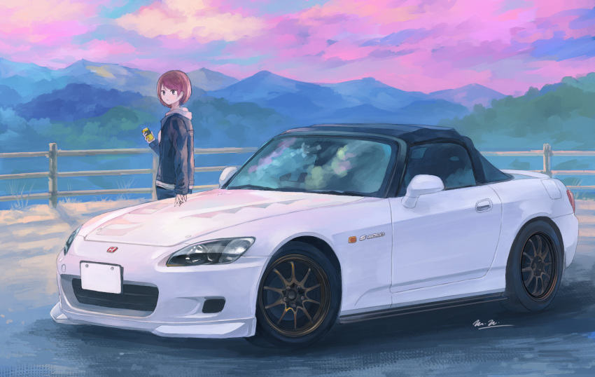 1girl, bangs, brown_eyes, car, denim, denim_jacket, drink, ground_vehicle