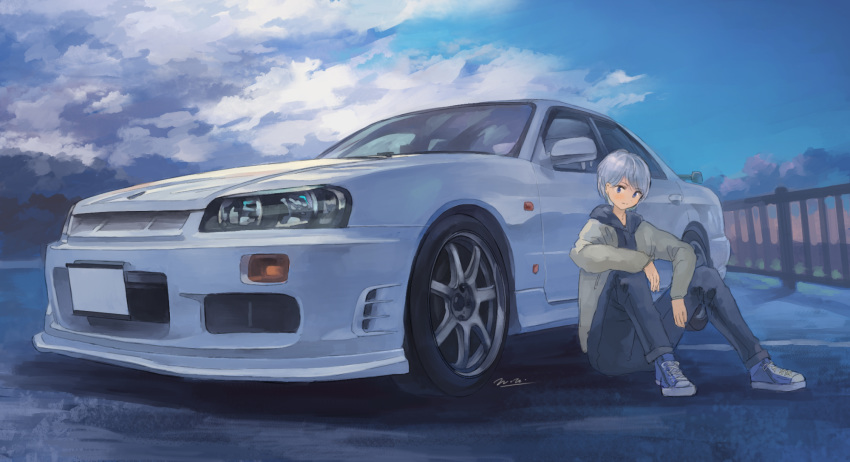 androgynous, blue_eyes, car, ground_vehicle, highres, looking_to_the_side, momo_hiki, motor_vehicle