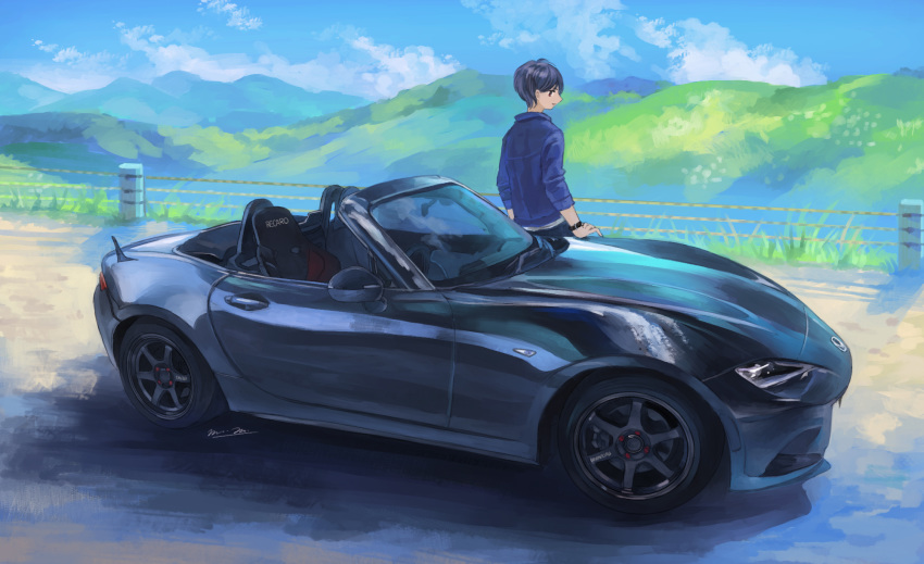 1boy, black_hair, brown_eyes, car, eunos_roadster, ground_vehicle, highres, leaning