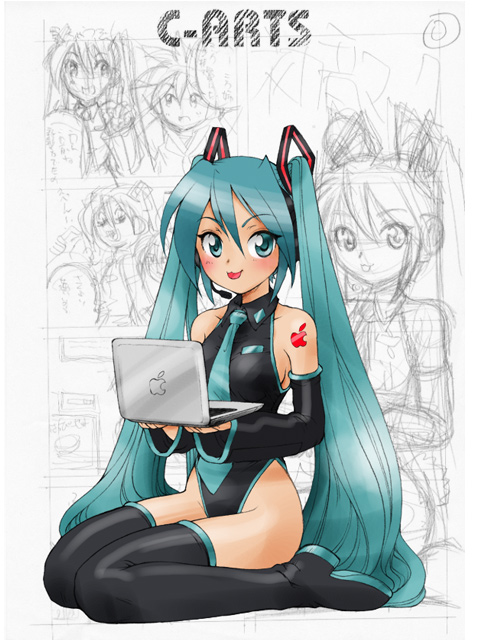 boots, computer, food, fruit, hatsune_miku, laptop, leotard, macbook