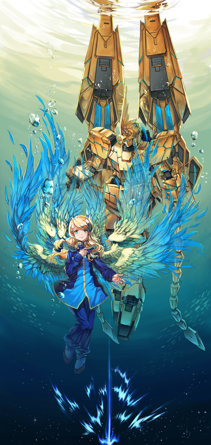 1girl, absurdres, blonde_hair, blue_eyes, golden_wings, greatwhite1122, gundam, gundam_narrative