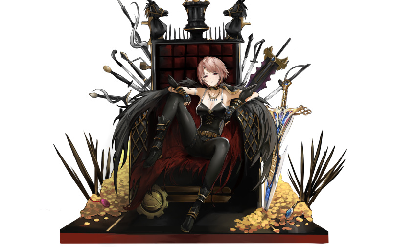 1girl, armor, bangs, bare_shoulders, belt, black_footwear, black_legwear, black_shorts, blush, boots, breasts, cape, choker, collarbone, dungeon_and_fighter, earrings, elbow_rest, feathers, full_body, gauntlets, gold, greaves, highres, jewelry, knee_up, large_breasts, legwear_under_shorts, liaowen, majesty_(dungeon_and_fighter), multiple_swords, necklace, panties, pantyhose, parted_bangs, parted_lips, red_eyes, short_hair, shorts, shoulder_guard, sitting, spread_legs, throne, underwear, white_hair