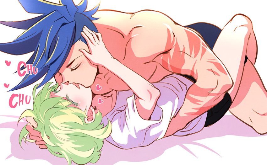 2boys, bhh4321, blue_hair, blush, closed_eyes, galo_thymos, green_hair, hair_grab, heart, lio_fotia, multiple_boys, on_bed, onomatopoeia, promare, simple_background, smile, spiky_hair, white_background, yaoi