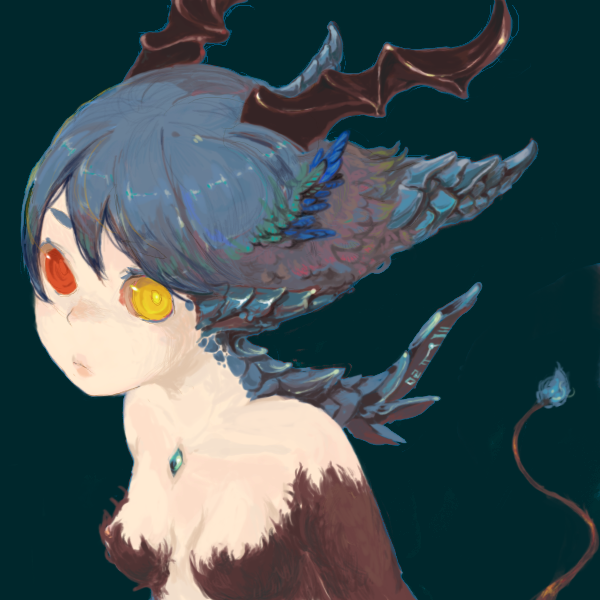 blue_hair, breasts, fur, hair_wings, head_wings, headwings, heterochromia, kujira