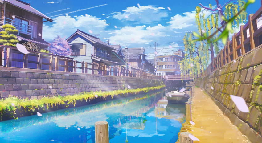 antennae, apartment, balcony, blue_sky, boat, bridge, canal, cherry_blossoms