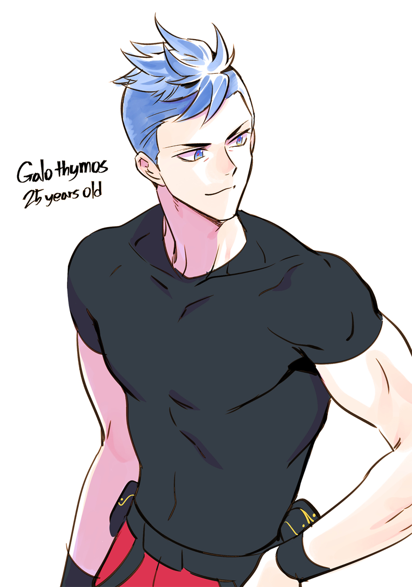 1boy, alternate_hair_length, alternate_hairstyle, bhh4321, black_shirt, blue_eyes, blue_hair, galo_thymos