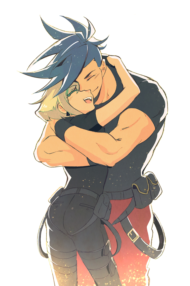 2boys, ass, bangs, belt, bhh4321, black_gloves, blue_hair, blush