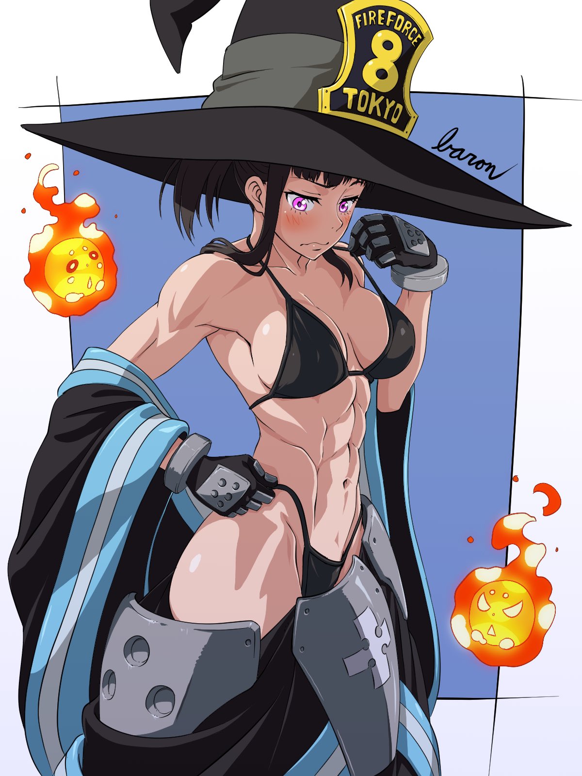 abs, badge, baron_(varon666), bikini, black_bikini, black_gloves, blue_background, breasts